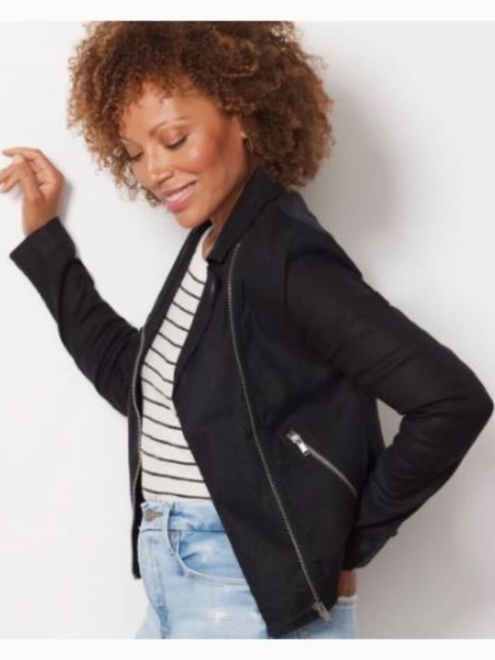 Evereve Jagger Moto Jacket Small Black Linen Blend Zippers Stretch Edgy Cropped